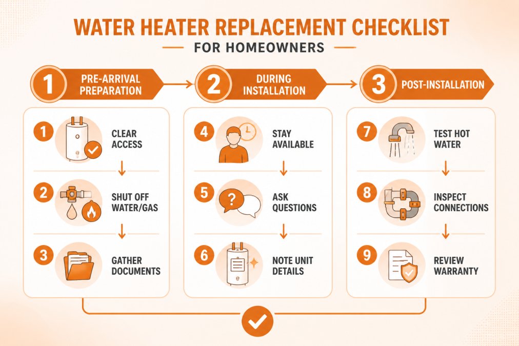 Flowchart showing three phases of water heater replacement checklist: pre-arrival preparation (clear access, shut off water/gas, gather documents), during installation (stay available, ask questions, note unit details), post-installation (test hot water, inspect connections, review warranty)