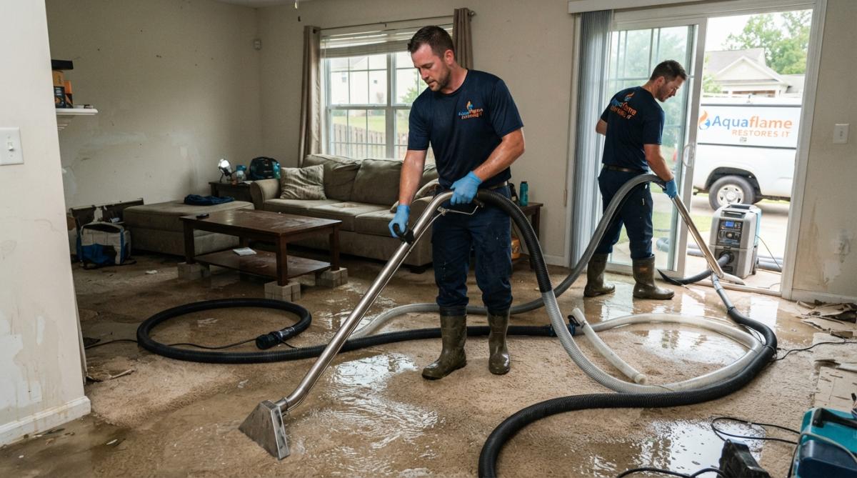 Professional water restoration technician operating a large industrial submersible pump in a flooded basement, with water visible on concrete floor and discharge hose extending toward the foundation wall, natural light from basement windows