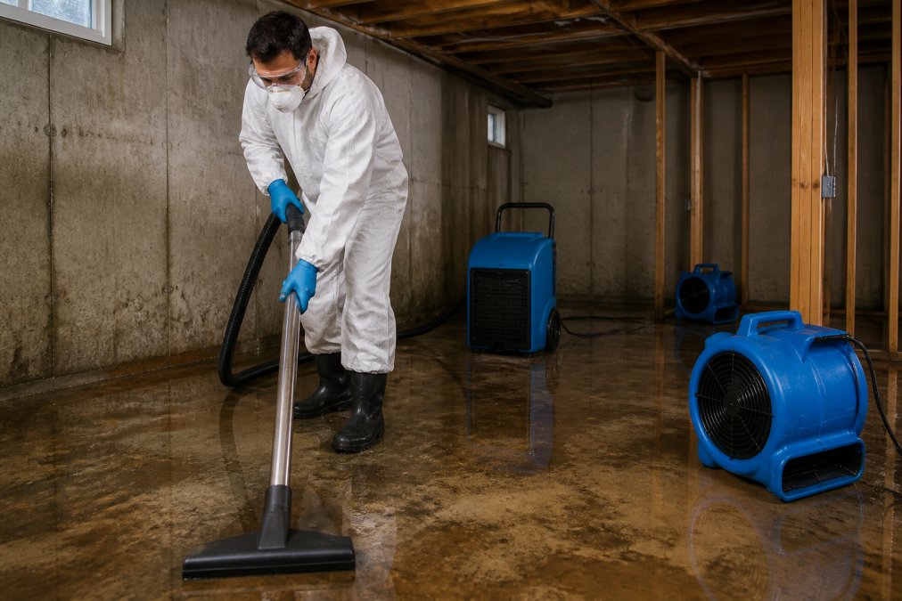 A restoration technician in protective gear operating a wet vacuum extractor on a flooded basement floor, with industrial air movers and a dehumidifier visible in the background