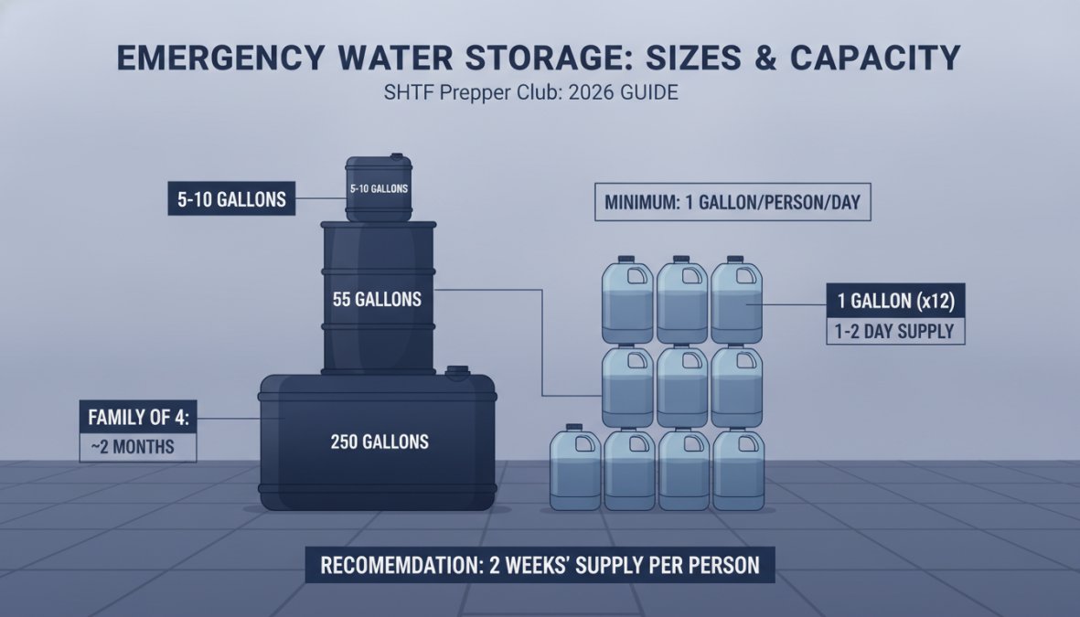 Professional illustration showing emergency water storage containers