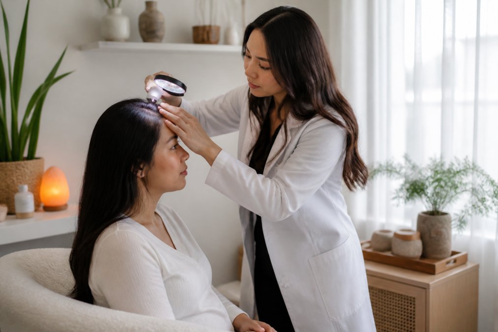 A serene, professional spa treatment room with a specialist in white coat consulting a female client, examining her scalp with a magnifying tool in soft, natural light