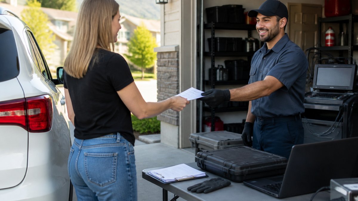 A vehicle owner handing a registration document to a certified emissions tester at a mobile testing setup in a driveway, with a laptop and testing equipment visible on a small table nearby