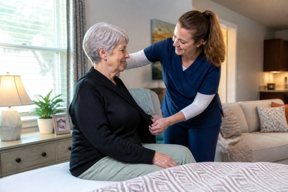 A caregiver assisting a senior resident with daily activities in a bright, modern assisted living apartment with comfortable furnishings and warm lighting
