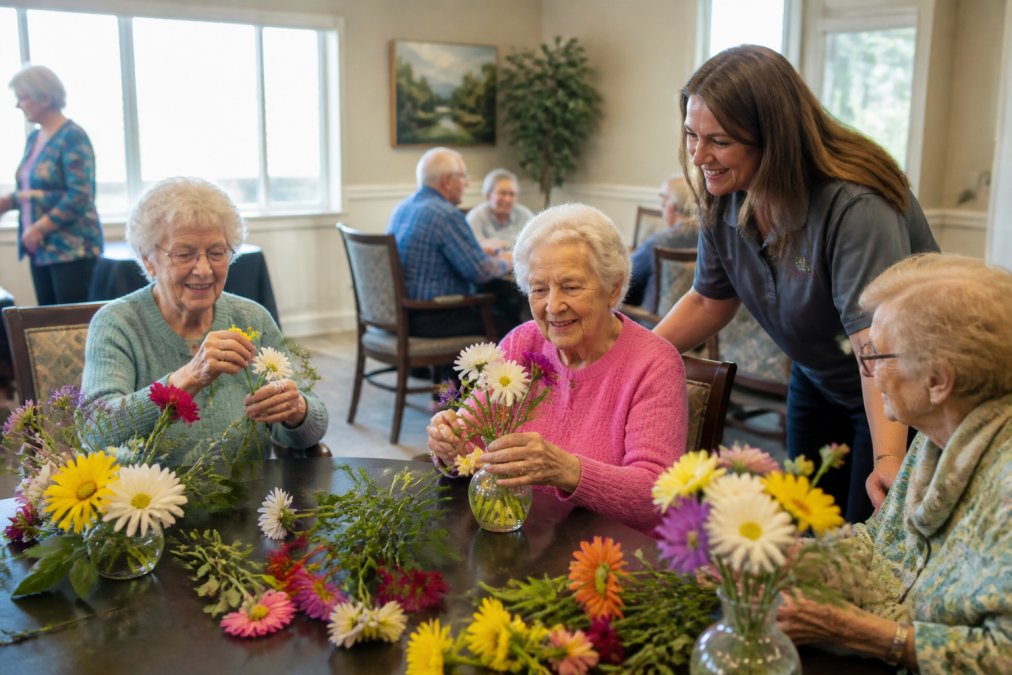 A group of seniors engaged in a meaningful activity or social gathering in a welcoming community space with staff members present and natural lighting