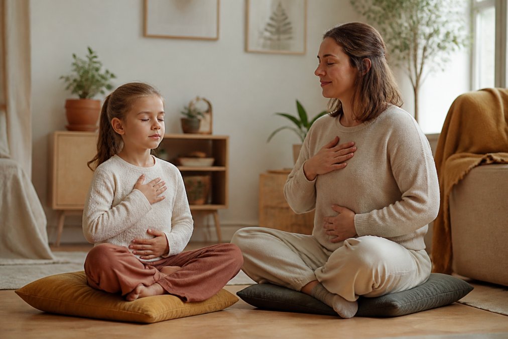 Et barn som sitter rolig på en pute i et fredelig hjemmemiljø, med en voksen som sitter ved siden av og veileder gjentatte pusteøvelser, begge ser rolige og konsentrerte
