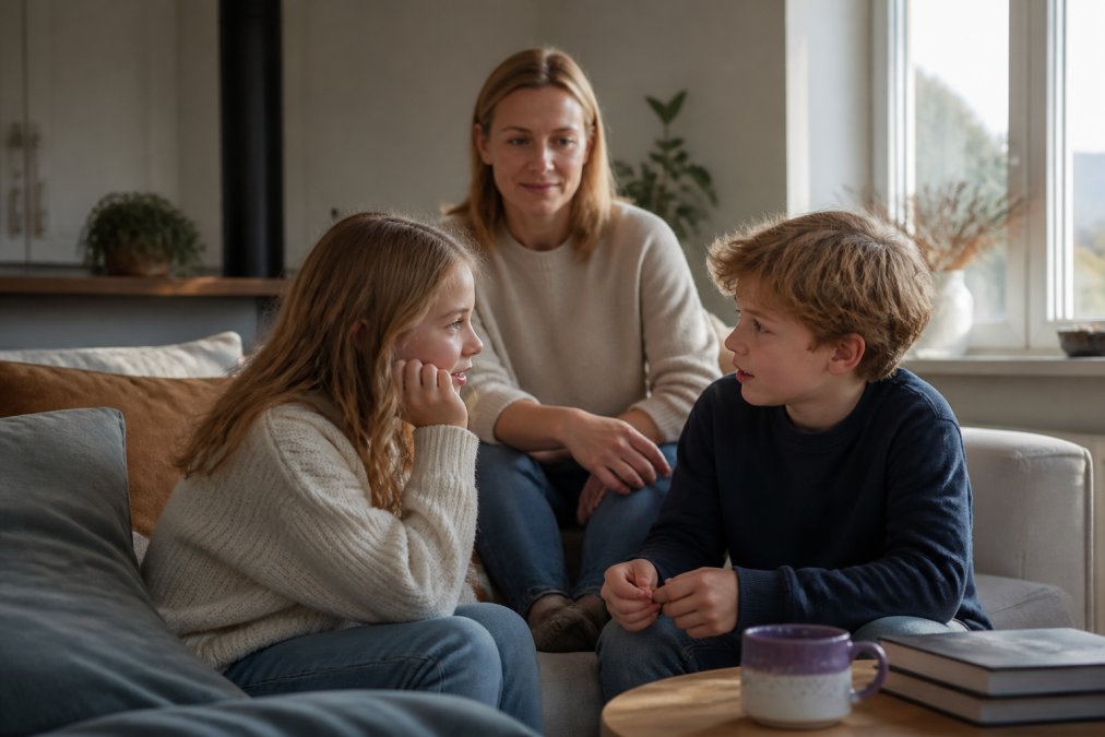 To barn som sitter ved siden av hverandre og snakker sammen, med en voksen som sitter rolig i bakgrunnen og lytter, alle ser fokuserte og respektfulle