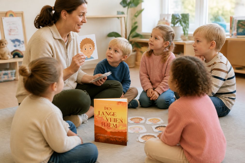 Små barn sitter i en sirkel på gulvet i en barnehage, med en pedagog som viser følelseskort med ulike ansiktsuttrykk. Naturlig lys fra vinduet, varme farger, barn som ser fokusert og engasjert.