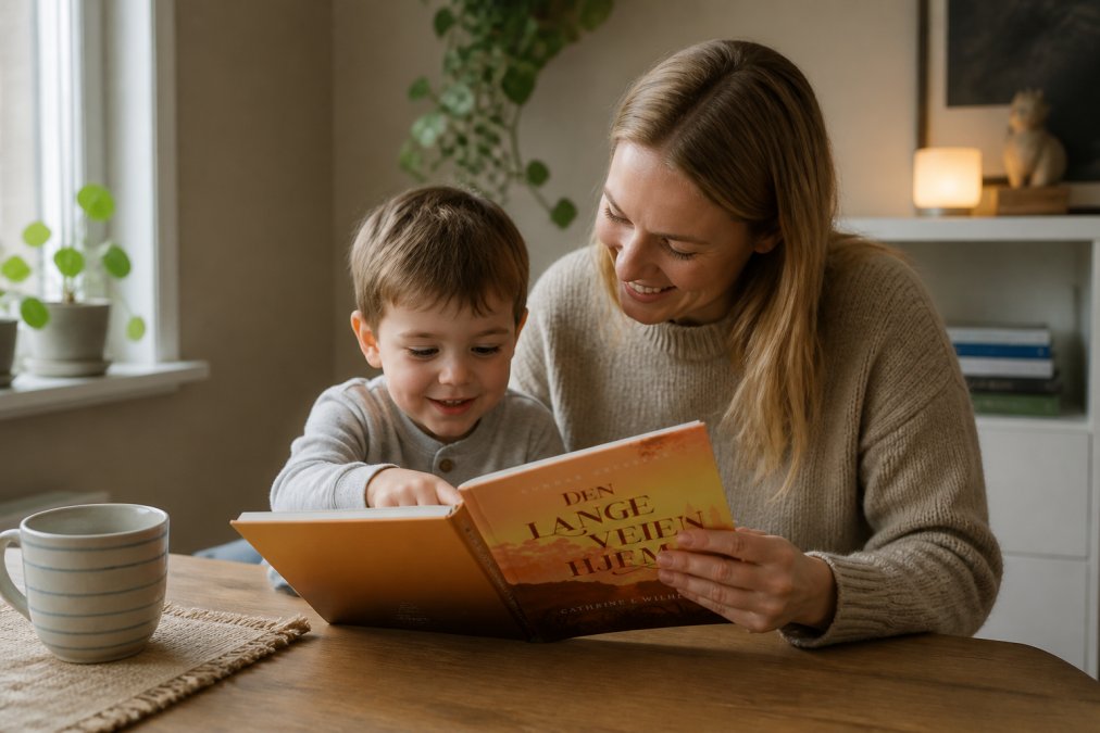En forelder og barn sitter sammen ved et bord hjemme, leser en bildebok sammen. Boken er åpen foran dem, barnet peker på illustrasjoner, forelder smiler. Koselig hjemmemiljø med varmt lys.