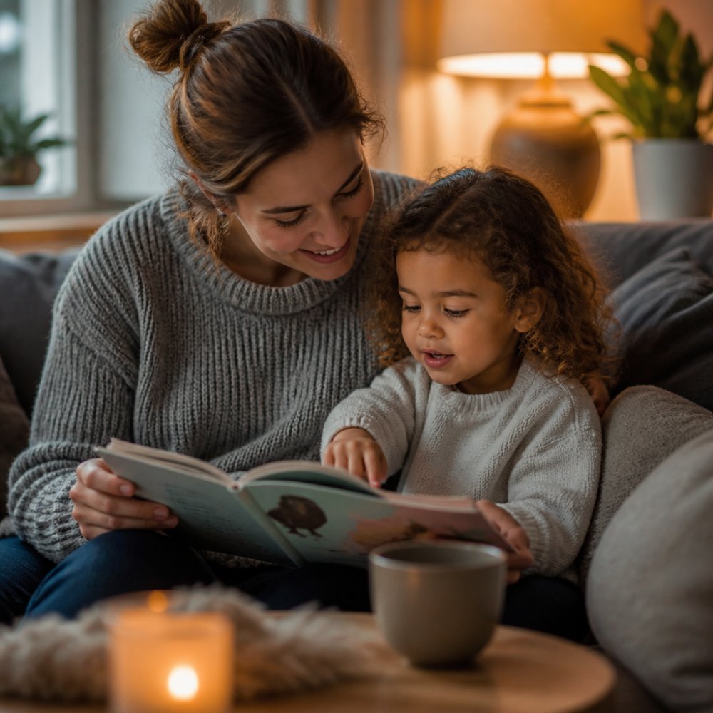 Voksen og barn leser bildebok i sofaen for å bygge emosjonell intelligens i en rolig og trygg atmosfære.