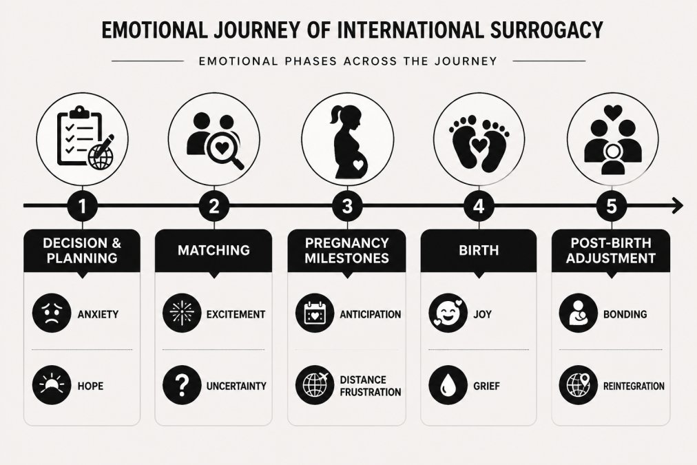 Timeline of emotional phases across an international surrogacy journey: decision and planning (anxiety, hope), matching (excitement, uncertainty), pregnancy milestones (anticipation, distance frustration), birth (joy, grief), post-birth adjustment (bonding, reintegration)