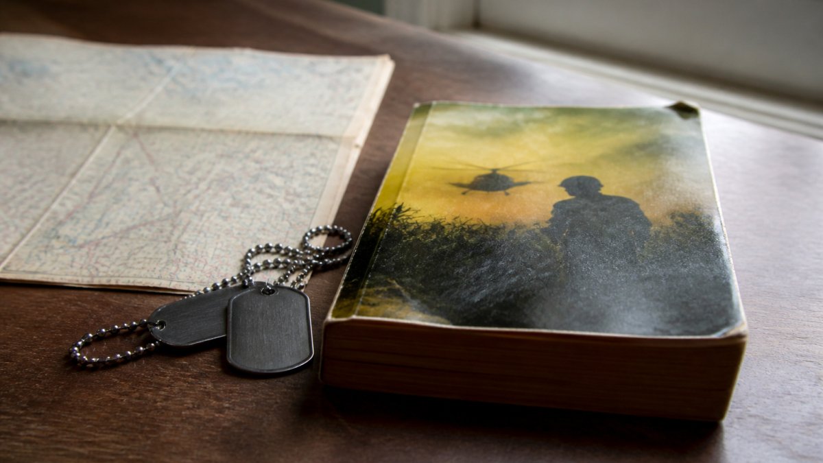 A weathered paperback copy of a Vietnam War novel resting on a wooden table beside a folded map and a pair of dog tags, soft window light falling across the pages