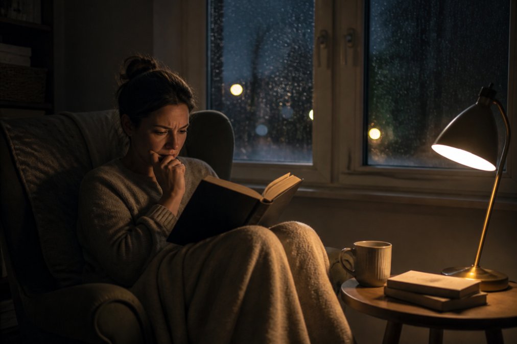 A woman in her thirties reading a psychological thriller in a dimly lit room, her expression tense and absorbed, a single lamp casting warm light on the pages, rain streaking the window behind her