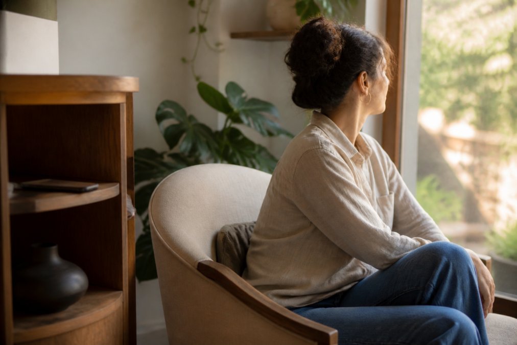 Person sitting peacefully by a window with phone placed on a shelf away from reach, natural afternoon light streaming in, plants visible in background
