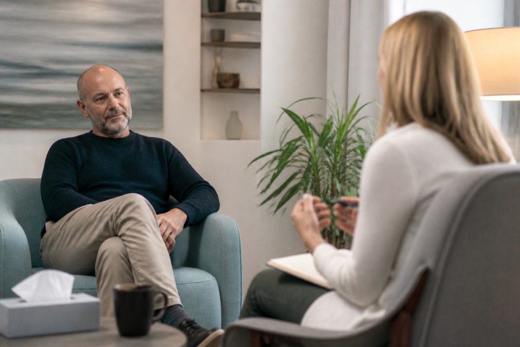 Professional in a calm therapy session, seeking an emotional detox for high functioning professionals.