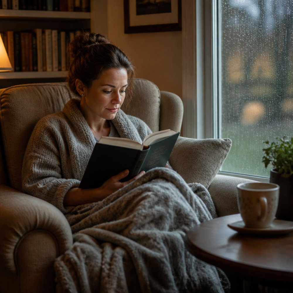 Woman reading fantasy books in a cozy armchair by a rainy window with warm lamp light and a cup of tea