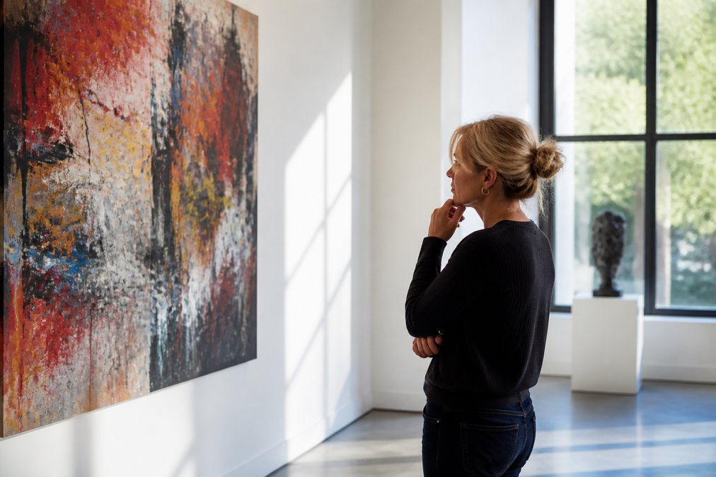 Person standing in front of a large abstract canvas painting, studying it thoughtfully with hand on chin, natural light from a window illuminating both the viewer and the artwork