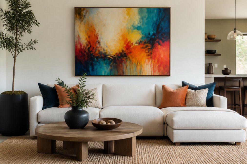 Modern living room interior with a vibrant abstract painting as the focal point above a sofa, showing how the artwork coordinates with the room's aesthetic and creates atmosphere