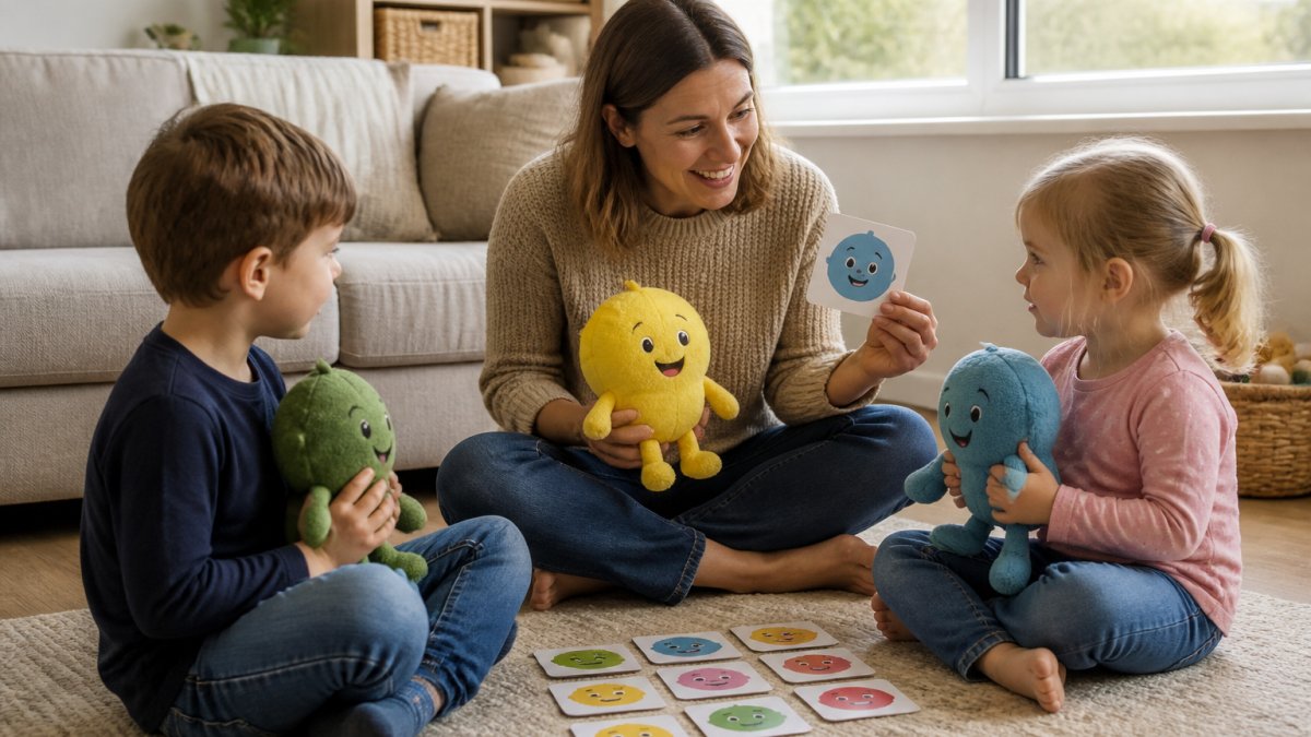 Childminder using emotional literacy tools like soft toys and cards to teach toddlers about feelings