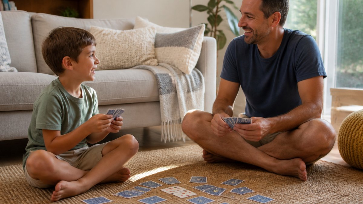 A parent and child sitting cross-legged on a living room floor playing a card game together, warm afternoon light, relaxed and smiling, cards spread out between them
