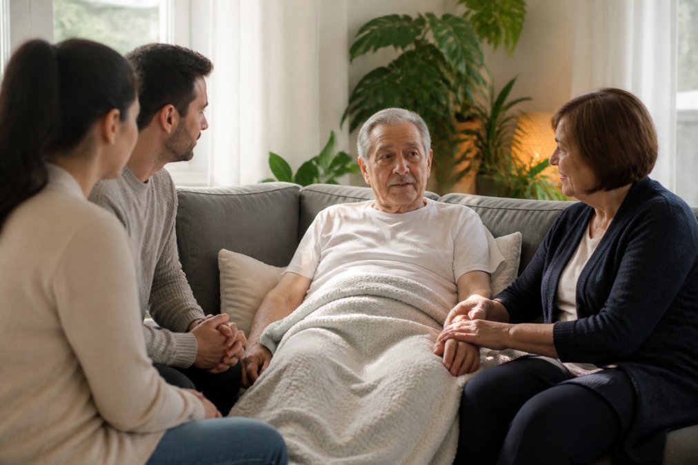 A family sitting together in a bright living room, talking softly, with a heart surgery patient resting on the couch and a caregiver holding their hand