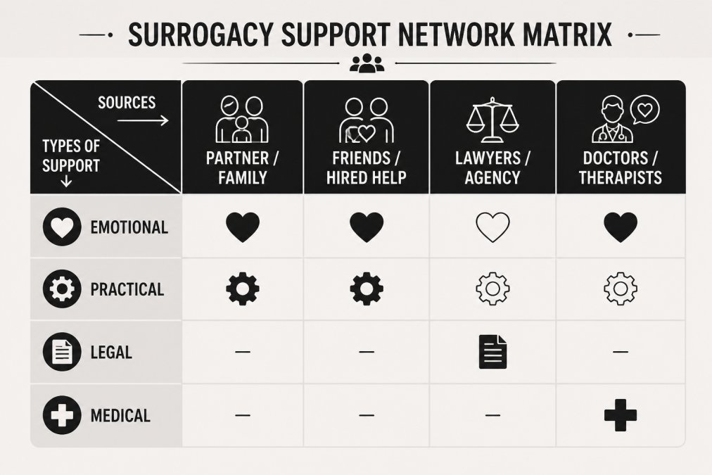 Professional illustration showing surrogacy emotional support