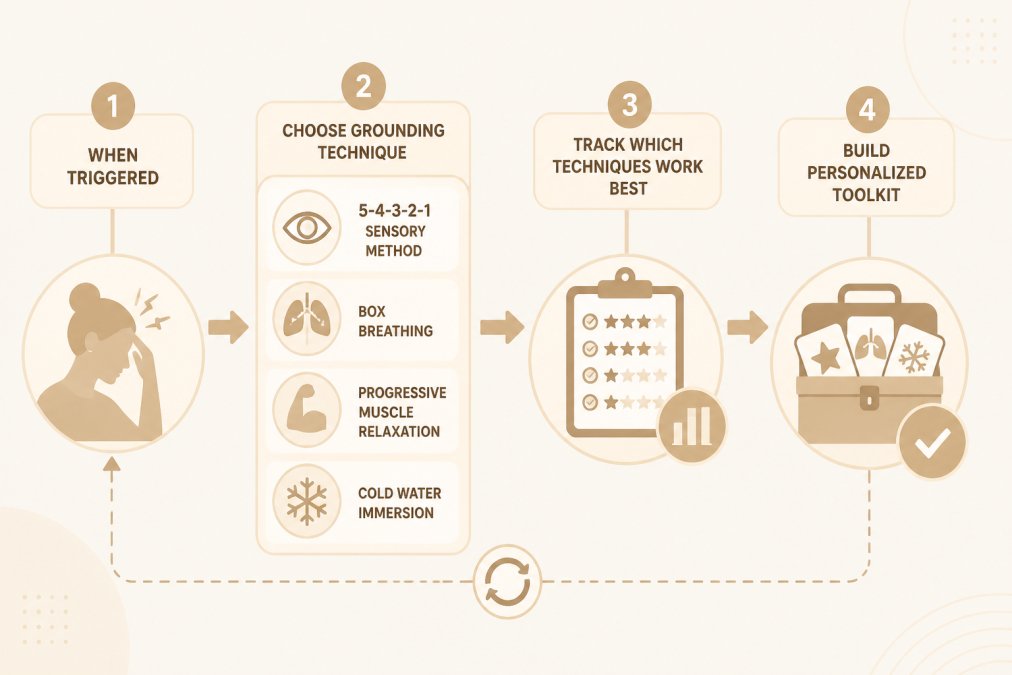 Flowchart showing decision tree: When triggered → Choose grounding technique (5-4-3-2-1 sensory method, box breathing, progressive muscle relaxation, cold water immersion) → Track which techniques work best → Build personalized toolkit
