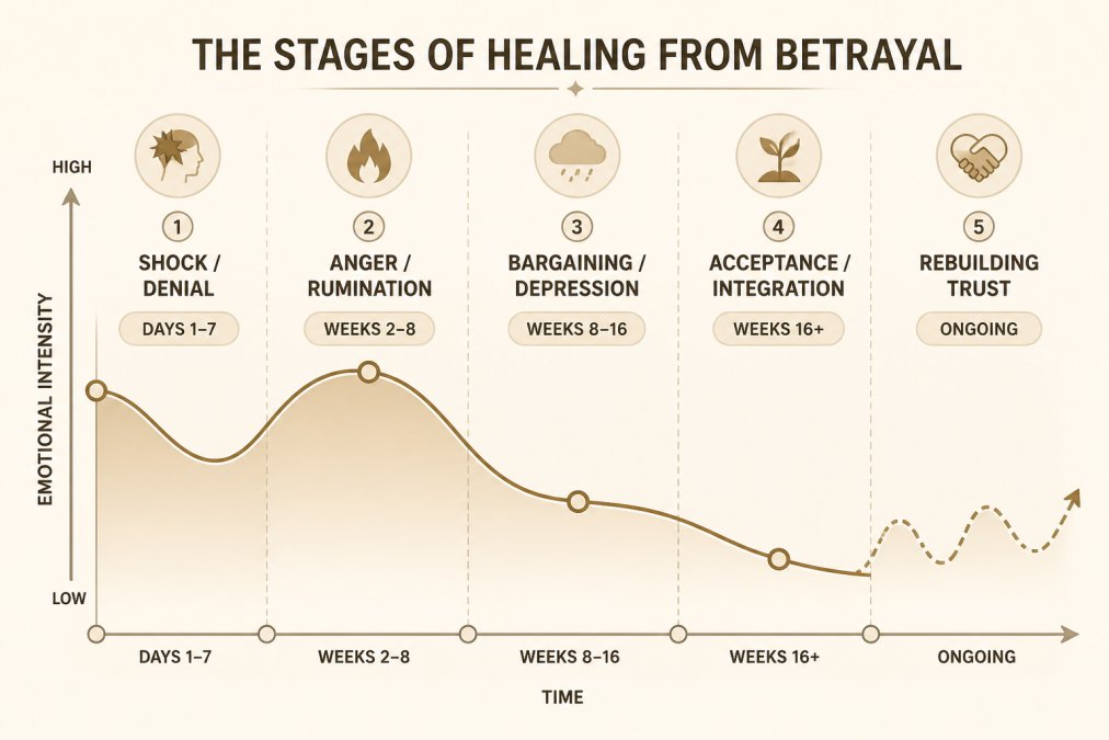 Timeline showing 5 stages with emotional intensity curve: Shock/Denial (days 1-7, high intensity) → Anger/Rumination (weeks 2-8, peak intensity) → Bargaining/Depression (weeks 8-16, moderate intensity) → Acceptance/Integration (weeks 16+, declining intensity) → Rebuilding Trust (ongoing, variable intensity)