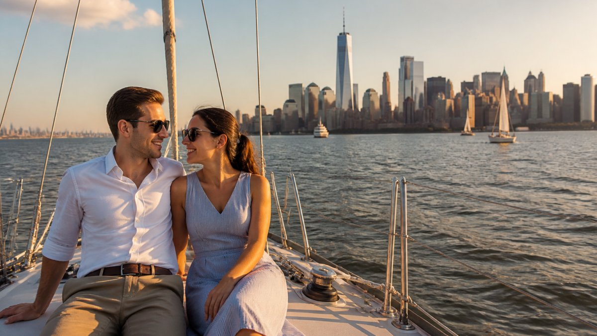 A couple relaxing on the deck of a private sailboat with the Manhattan skyline and New York Harbor in the background during golden hour