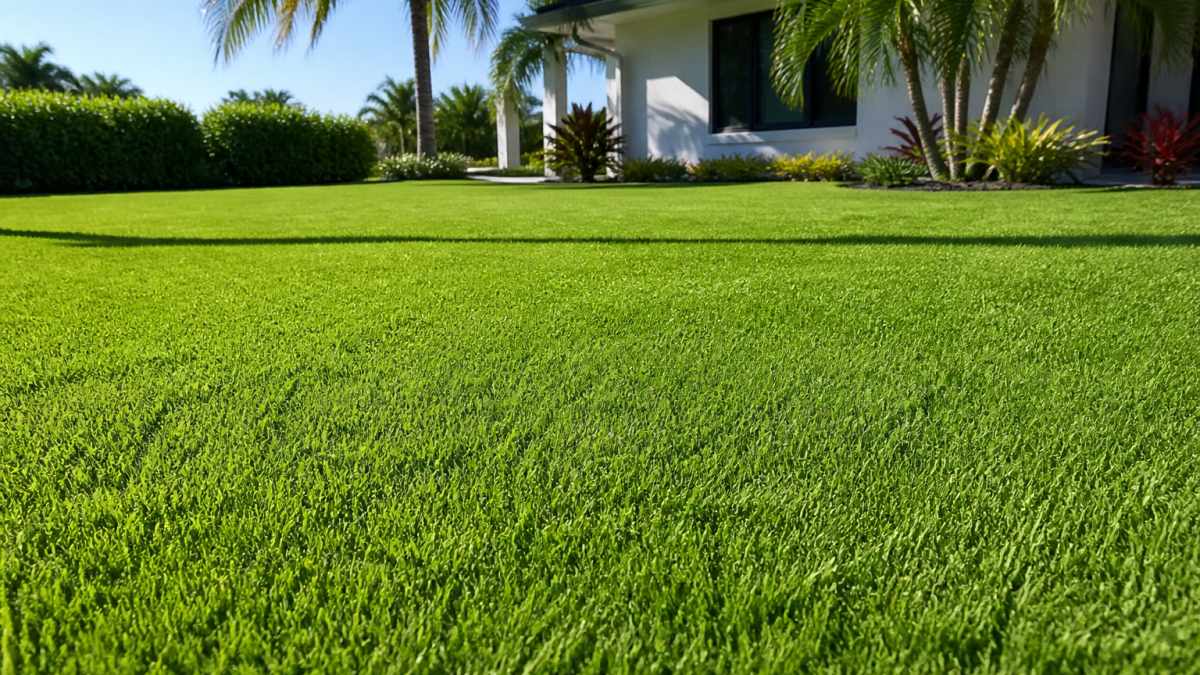 Lush, vibrant green Empire Zoysia lawn under bright afternoon sunlight showing dense turf coverage and healthy blade structure typical of well-maintained full-sun sod installation