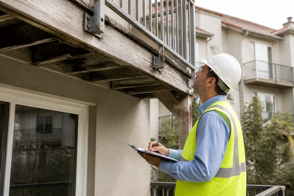 Licensed structural engineer in safety vest examining residential balcony decking with measurement tools and clipboard, taking detailed notes while inspecting wood framing and metal railings with apartment building visible in background