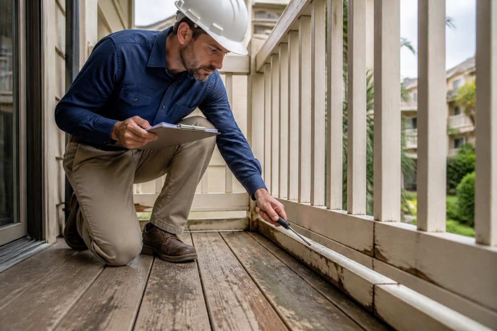 Property manager in hard hat performing visual assessment of residential balcony decking, checking for water damage and wood rot on railings and flooring, using hand tools to probe structural components while taking notes on inspection form