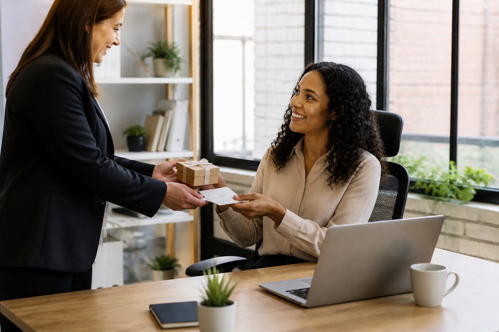 Professional illustration showing manager and handing and small concepts for employee appreciation gifts
