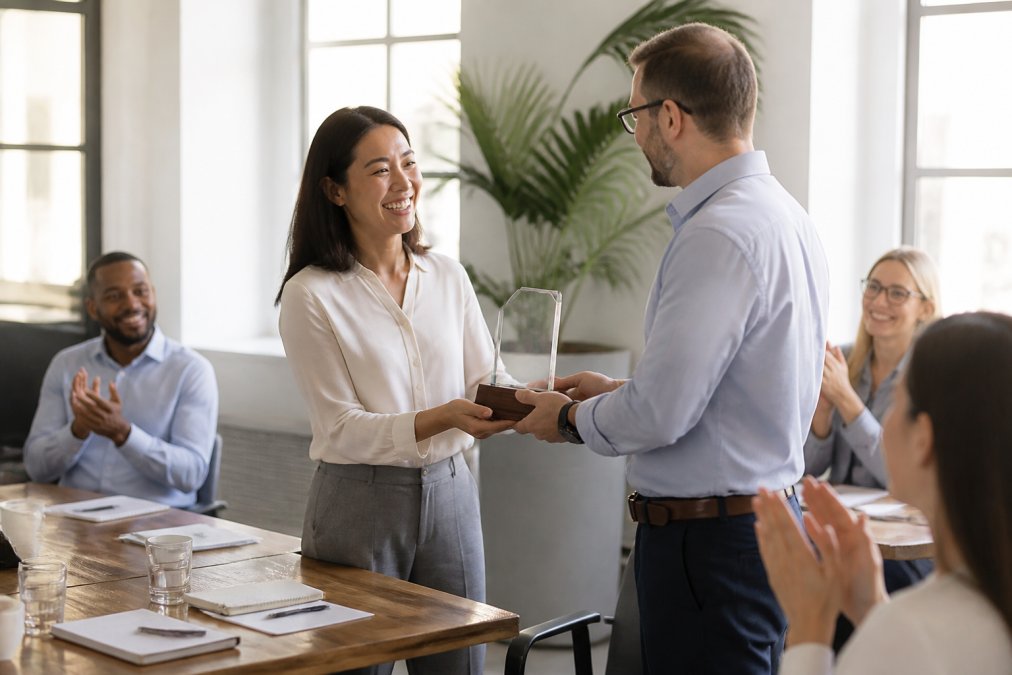 Manager presenting an engraved award to a smiling employee during an employee recognition team meeting