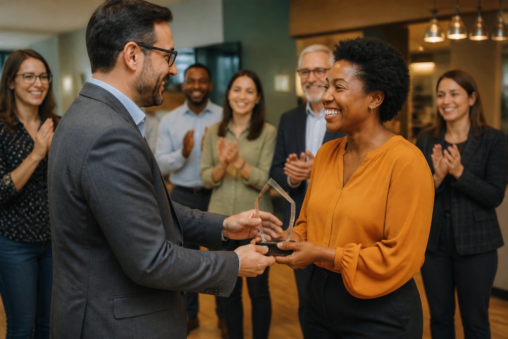 Professional manager presenting an employee recognition award to a smiling team member at a company event, with colleagues applauding warmly in the background, showing genuine celebration in modern office setting with warm lighting