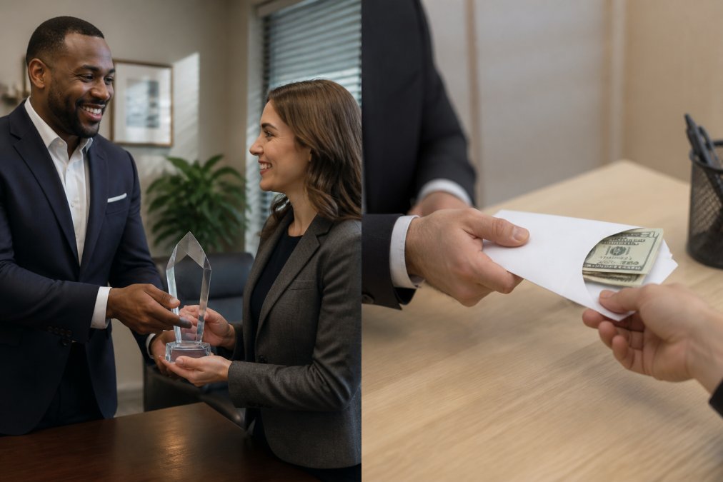 Manager presenting a personalized crystal award to an employee at a professional desk, both smiling with genuine appreciation, warm office lighting highlighting the award's craftsmanship