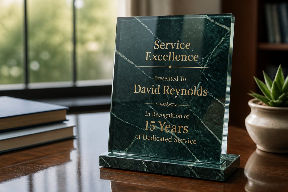 Close-up of a premium engraved marble award with gold lettering on a polished desk, soft natural light reflecting off the surface, showing superior craftsmanship and materials