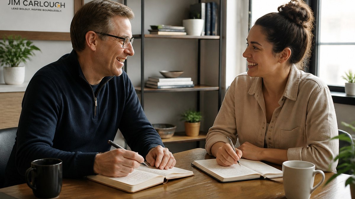 A business owner and employee reviewing stay interview questions for effective employee retention strategies.