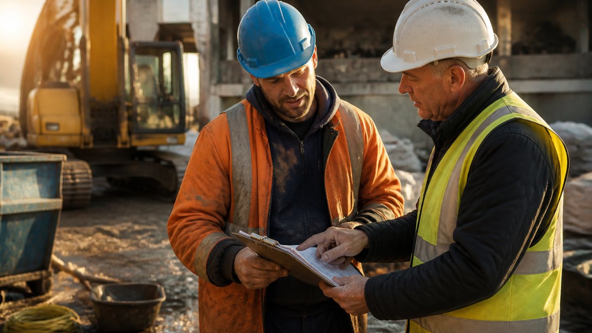Supervisor and worker reviewing an incident report form at an industrial site to manage employer liability insurance work