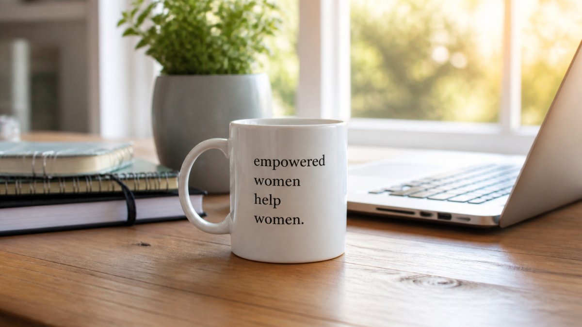 Close-up of a white ceramic mug with an inspirational quote resting on a wooden desk beside an open laptop and a small potted plant, soft morning light through a window