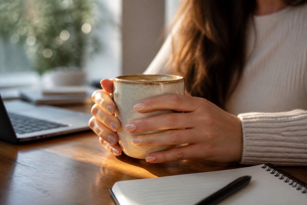 A close-up of a woman's hands wrapped around a ceramic mug on a wooden desk beside a notebook and laptop, morning light across the rim and printed quote