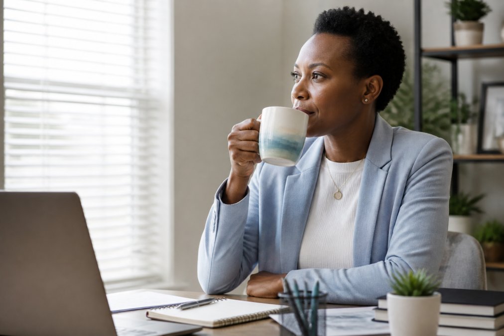 Professional woman holding an inspirational ceramic mug with watercolor artwork at her desk in morning light, gazing thoughtfully at the quote while sipping coffee