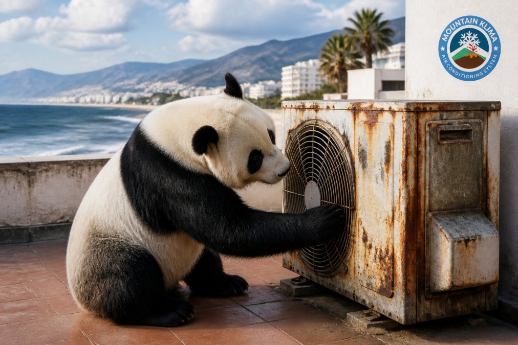 Un oso panda examinando de cerca un equipo de aire acondicionado corroído por la salinidad marina, con vistas al mar de fondo