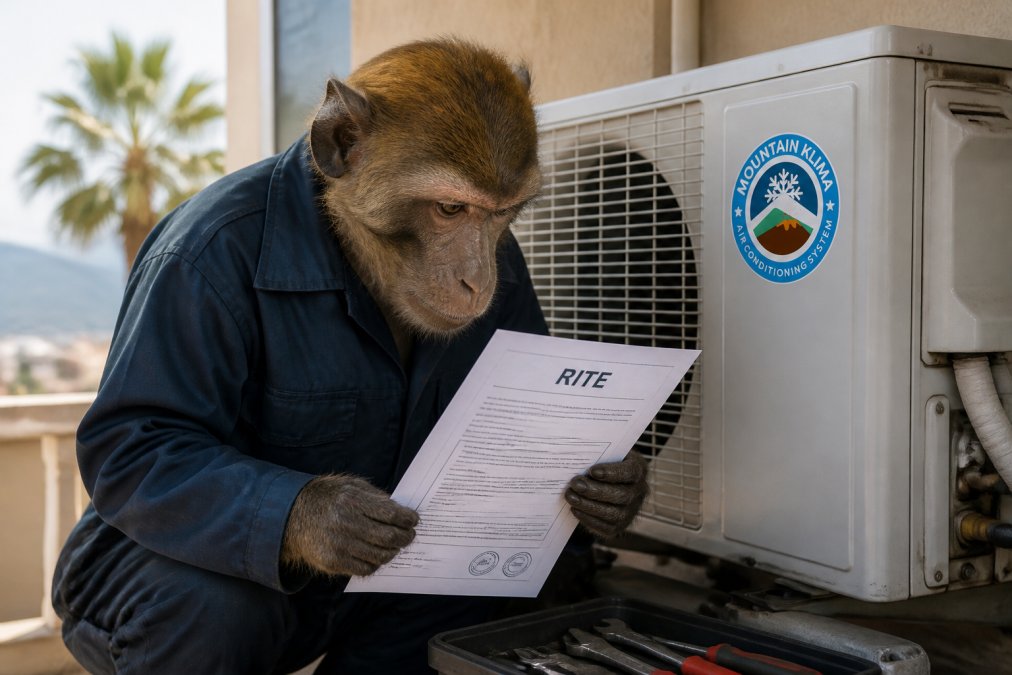 Un mono ingeniero revisando documentos de certificación RITE junto a un equipo de climatización instalado correctamente