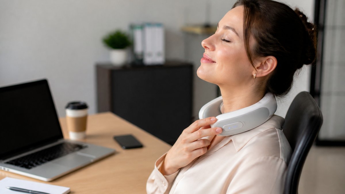 Close-up of an office worker using a cordless neck massager at a desk, with a laptop and coffee cup in the background, showing a relaxed expression