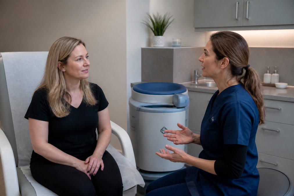 Healthcare practitioner in professional attire consulting with a patient in a private clinic room, both appearing calm and engaged in conversation