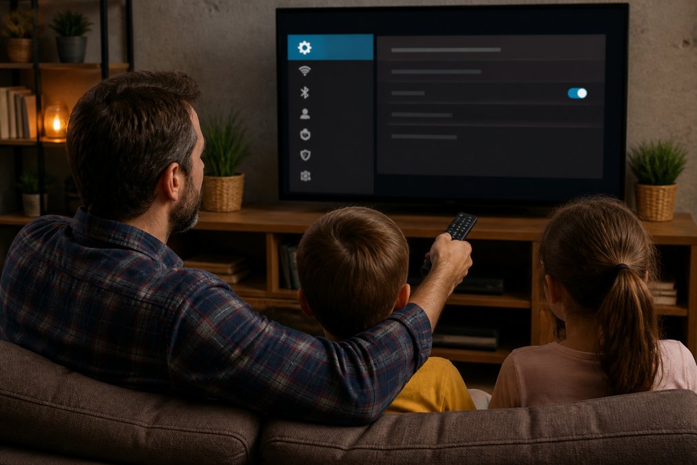 Parent pointing a remote at a smart TV screen to enable restricted mode smart tv within the settings menu