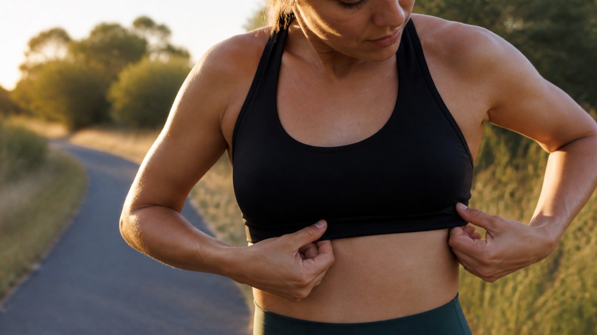 Woman in a wire-free sports bra checking the band fit while running outdoors