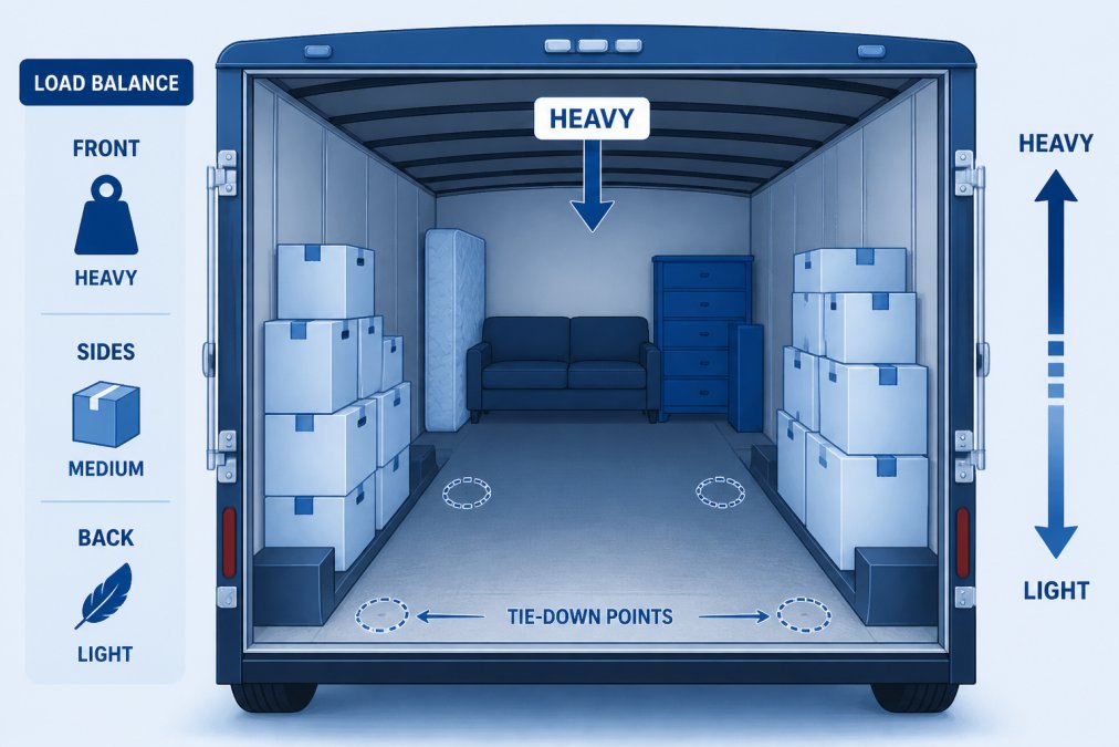 Interior view of an enclosed cargo trailer being loaded with furniture and boxes, showing heavier items positioned toward the front near the hitch connection and lighter boxes stacked securely along the sides and back, with clear space around tie-down points