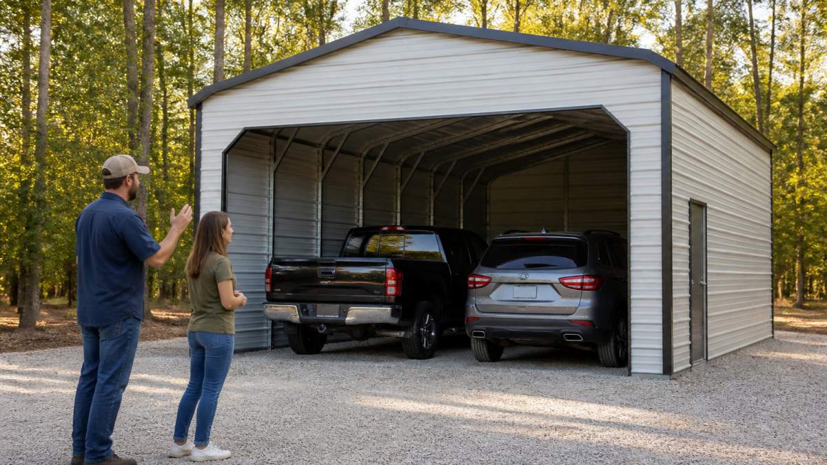 A steel-framed enclosed carport with white panels standing beside a two-car driveway, a pickup truck and SUV parked inside, late afternoon sunlight casting long shadows across the gravel pad