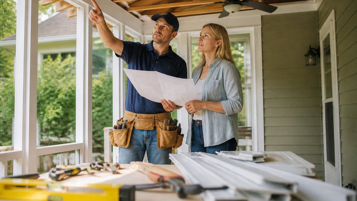 Professional contractor discussing enclosed porch designs with a homeowner on a residential property.